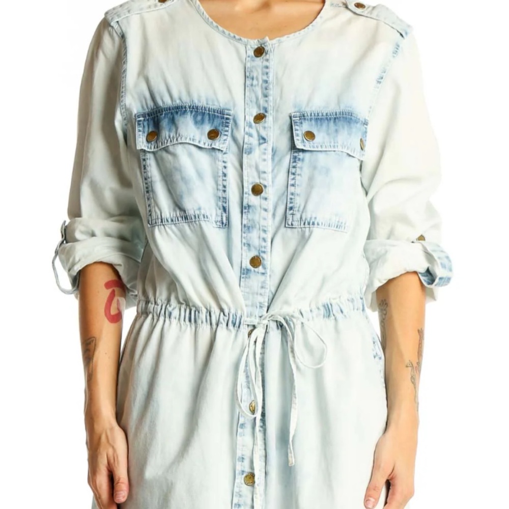 MICHAEL Michael Kors Blue Midi Dress with Cuffed Sleeves and Crew Neck